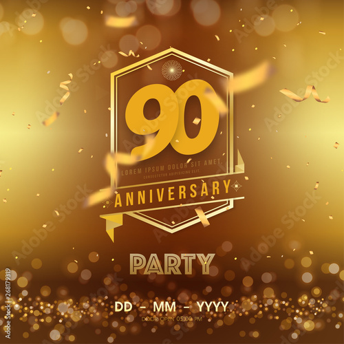 90 years anniversary logo template on gold background. 90th celebrating golden numbers with ribbon and confetti isolated design elements.