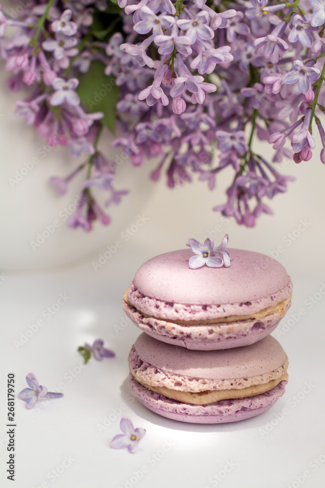 Tasty french violet macaroons and lilac flowers