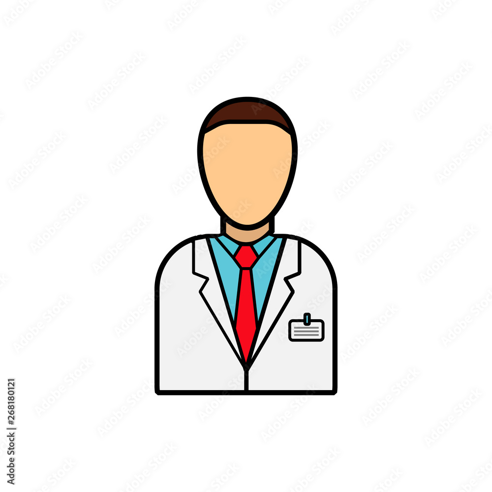 Male doctor of medicine in a white coat with a badge, health worker for the treatment of diseases of patients, a simple icon on a white background. Vector illustration Male doctor of medicine in a white coat with a badge, health worker for the treatment of diseases of patients, a simple icon on a white background. Vector illustration