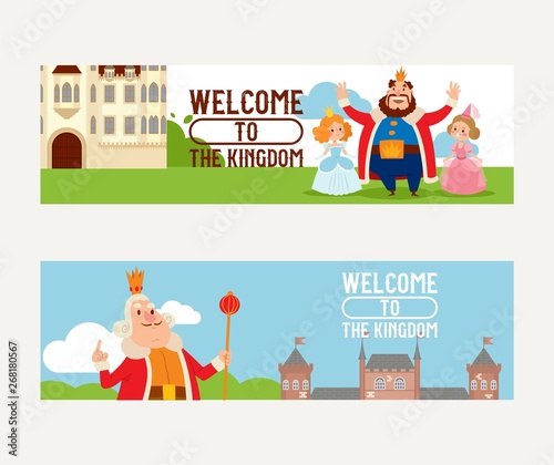 Cartoon kingdom vector king princess character in castle fairytale palace tower backdrop royalty set of medieval building landscape illustration background