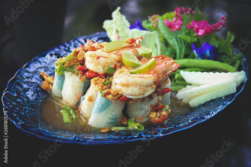 Healthy Vietnamese Salad Rolls with Shrimp in Fine dining Restaurant