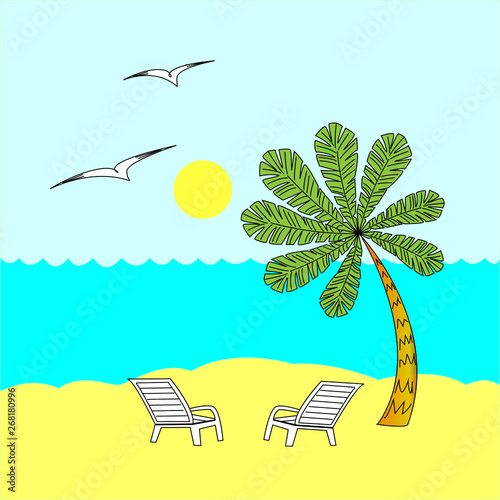 Summer rest. Sunny day. Two deck chairs under the palm tree. Warm sea. Concept of relaxation. Vector illustration