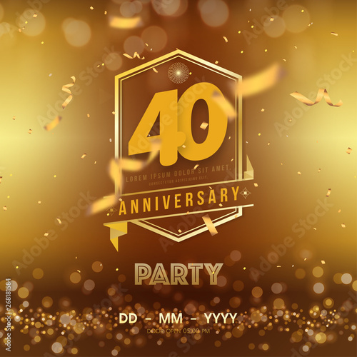 40 years anniversary logo template on gold background. 40th celebrating golden numbers with red ribbon vector and confetti isolated design elements