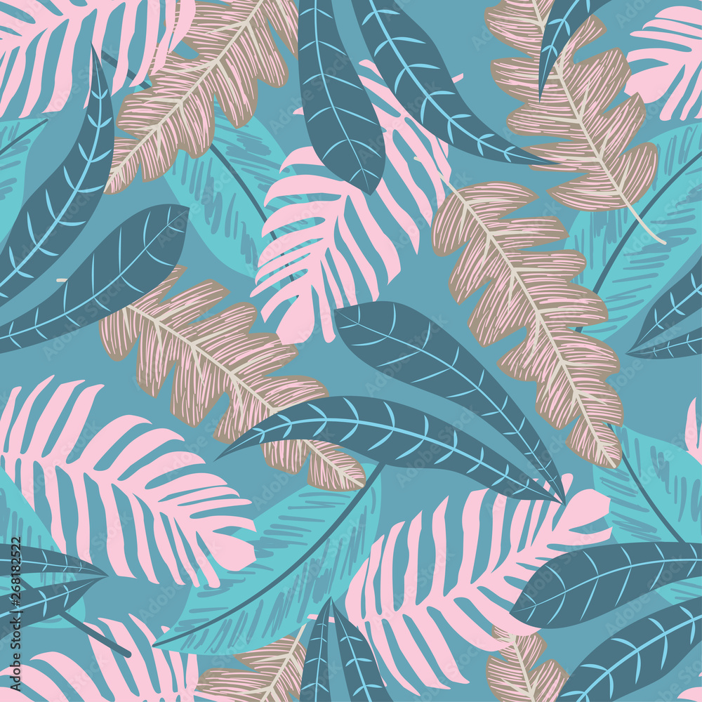 Seamless pattern with tropical plants on green background. Vector design. Flat jungle print. Floral background.