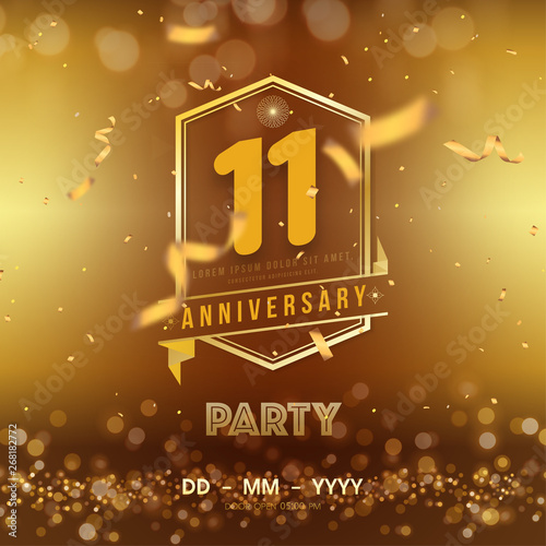 11 years anniversary logo template on gold background. 11th celebrating golden numbers with red ribbon vector and confetti isolated design elements