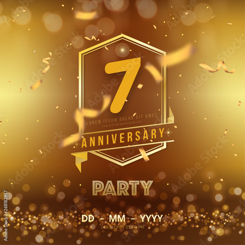 7 years anniversary logo template on gold background. 7th celebrating golden numbers with red ribbon vector and confetti isolated design elements