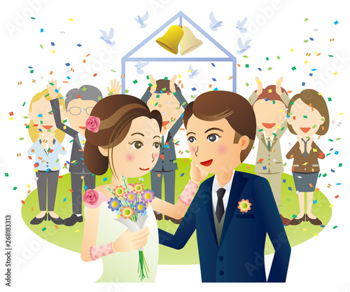 友達に祝福される新郎新婦