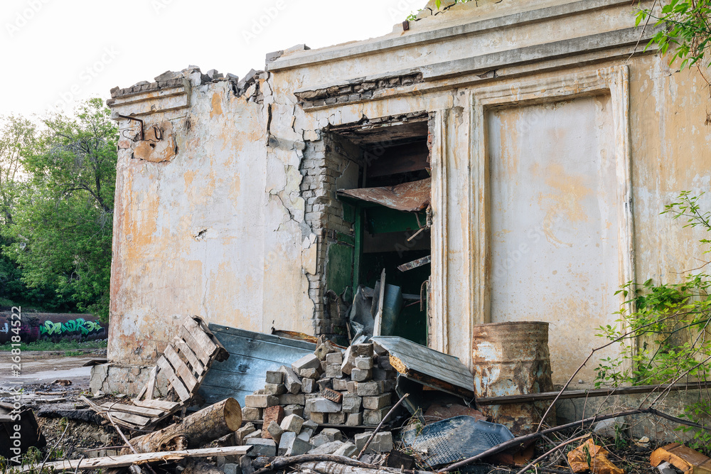 Entrance to the destroyed building, war Entrance to the destroyed building, war
