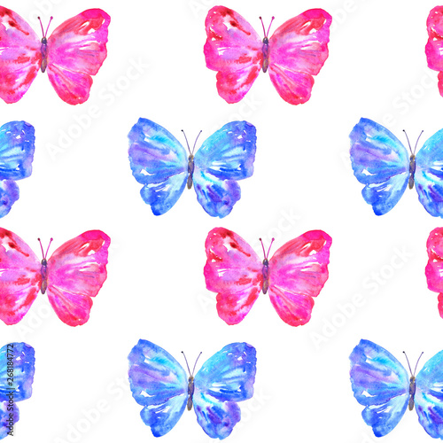 Seamless pattern with colorful blue and pink butterflies. Hand drawn watercolor illustration. Texture for print, fabric, textile, wallpaper.