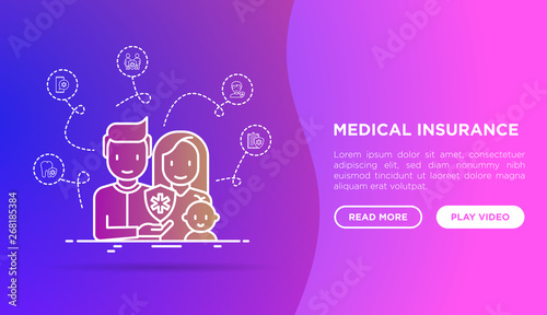 Family medical insurance web page template. Thin line icons: policy, life insurance, maternity program, 24/7 support, mobile app, telemedicine. Modern vector illustration.