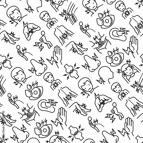 Body aches seamless pattern with thin line icons: migraine, toothache, pain in eyes, ear, nose, when urinating, chest pain, menstrual, joint, arthritis, rheumatism. Modern vector illustration.