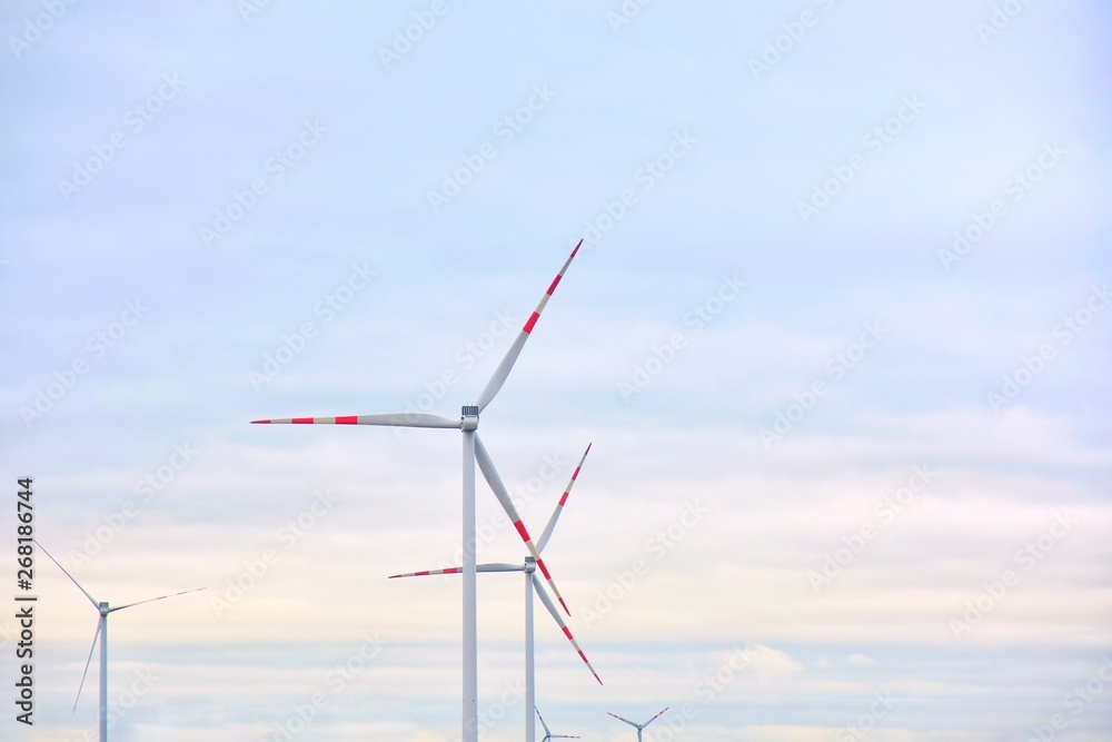 Wind turbines on morning violet sky. Clean electricity. Ecological use natural resources. Wind turbine generating electricity, alternative renewable energy. Rotating blades of wind energy generators. 