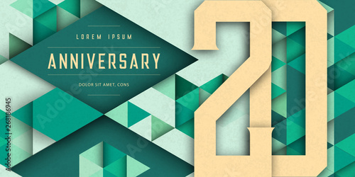 Anniversary emblems celebration logo, 20th birthday vector illustration, with texture background, modern geometric style and colorful polygonal design. 20 Anniversary template design, geometric design