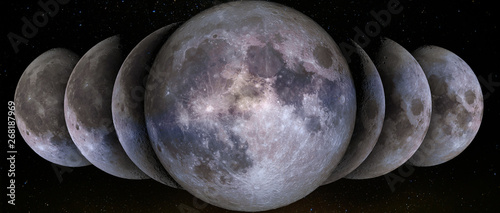 Fototapeta Naklejka Na Ścianę i Meble -  Phases of the Moon simultaneous in a row. Waxing crescent, gibbous, first, third quarter,  full moon, waning gibbous, crescent, new moon. The elements of this image furnished by NASA.