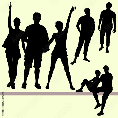 7 Vector group of people silhouettes, tourists travelers. Women waving a friendly hand, two figures of a man of sports build, tall with bare feet. The guy with the girl are sitting on the parapet.