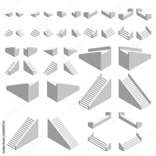 Isometric stairs set. Isometric stairs facing all directions. Vector.