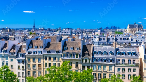 Photography Paris, typical roofs in the Marais, aerial view with the Eiffel Tower, the Saint