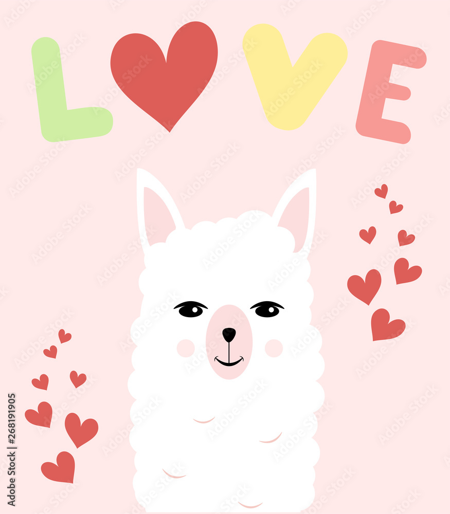 Card with cute Lama with hearts and the words on the delicate background. Vector design.
