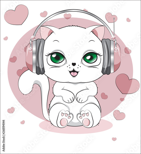 white kitten with earphones
