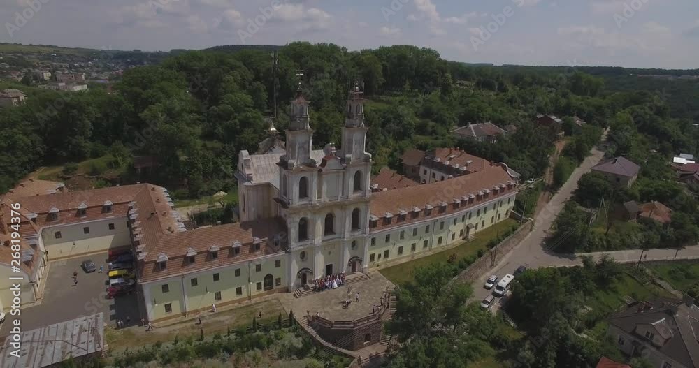 Aerial view of catholic cathedral monastery in summer, Buchach 4k Aerial view of catholic cathedral monastery in summer, Buchach 4k
