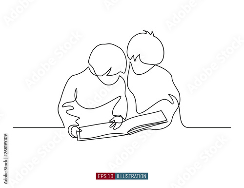 Continuous line drawing of children with book. Template for your design works. Vector illustration.