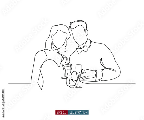 Continuous line drawing of man and woman with glasses of wine. Template for your design works. Vector illustration.