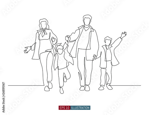Continuous line drawing of happy family walking. Template for your design works. Vector illustration.