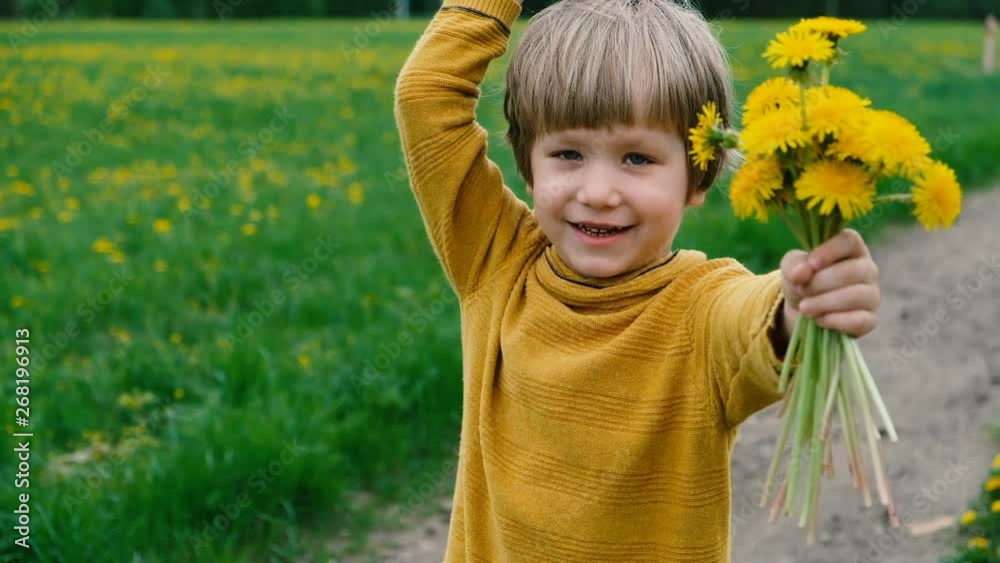 Cute little boy with dandelions, summer outdoors