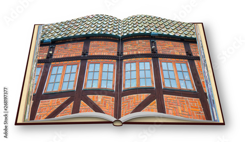 Typical houses in wooden structure and red bricks (Europe - Sweden - Malmo) - 3D render concept image of an opened photo book isolated on whiteer of the images used in this 3D render