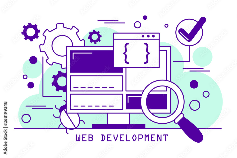 Web development line art banner. Coding software