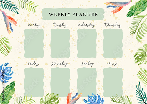 weekly planner with tropical summer floral watercolor background