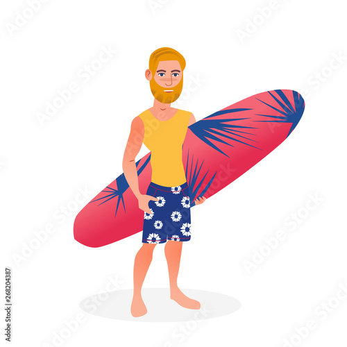 Surfer man with surfboard on the white background. Isolated vector flat cartoon character illustration. Summer holiday, trip © AmadeaN