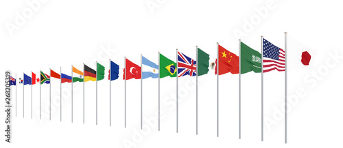 Waving flags countries of members Group of Twenty. Big G20 in Japan in 2020. Isolated on white. 3d rendering. Illustration.