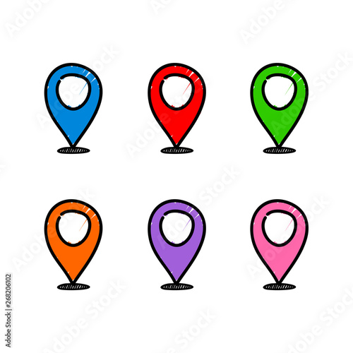 Vector hand drawn location multicolored pins on white background. Vector point position