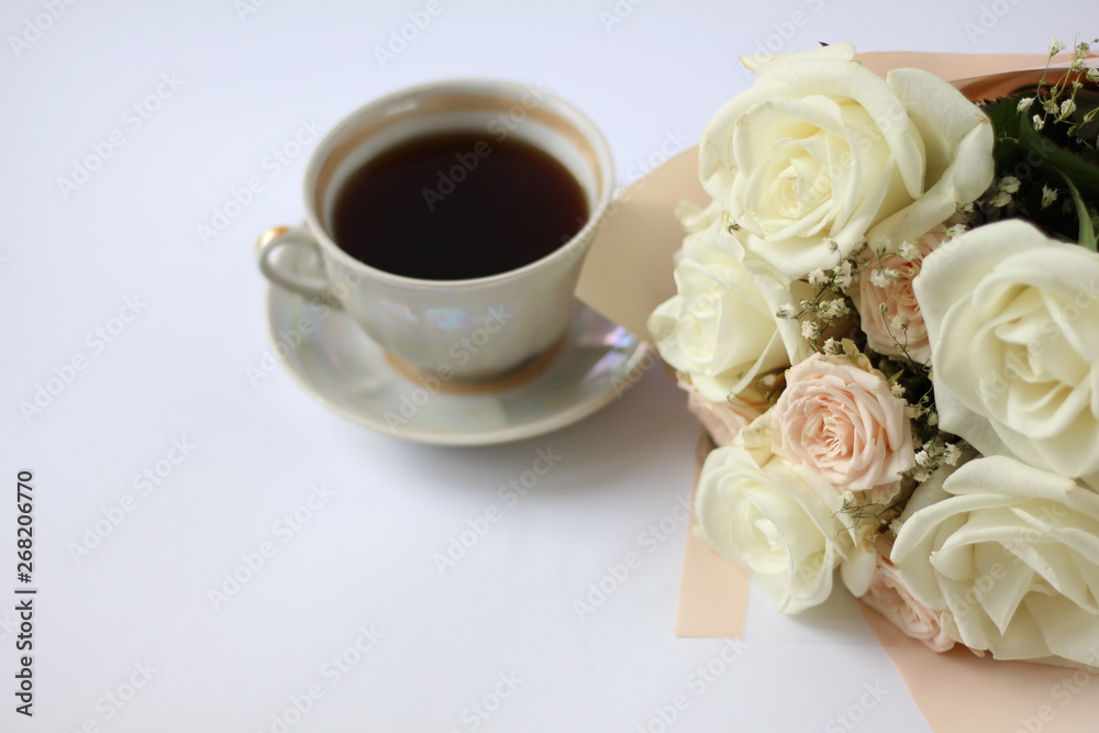 cup of coffee and wedding bouquet cup of coffee and wedding bouquet