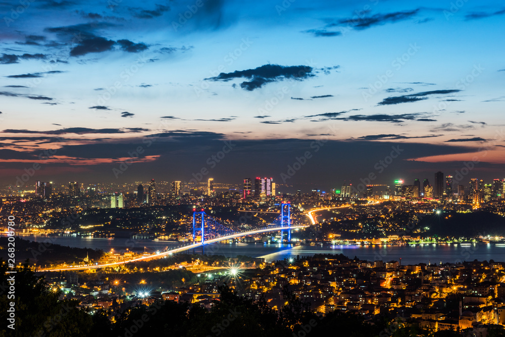 Naklejka premium Istanbul Bosphorus Bridge at sunset. 15th July Martyrs Bridge. Night view from Camlica Hill. Istanbul, Turkey.