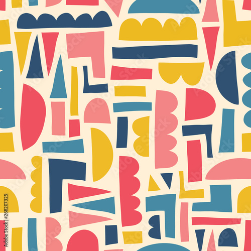 Abstract kids shapes seamless vector pattern paper cut out collage style