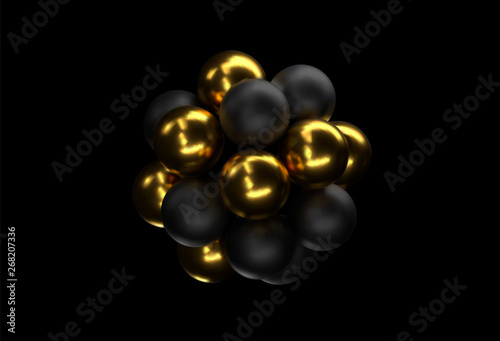 Molecule. 3D concept illustration. Abstract spheres. Golden and black bubbles. Balls textured with glittering paillettes. Jewelry gold cover concept. Black banner. Decoration element for design.