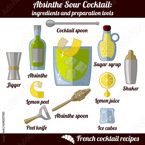 Absinthe Sour cocktail. Set of isolated elements on white background