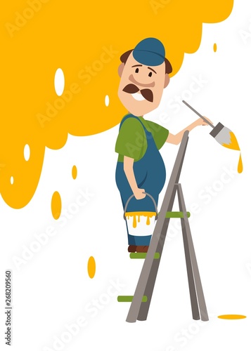 painter with a brush and a bucket of paint standing on a stepladder