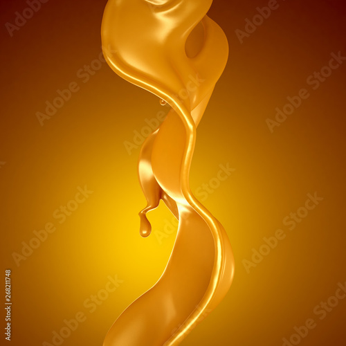 Splash of caramel on a yellow background. 3d illustration  3d rendering.