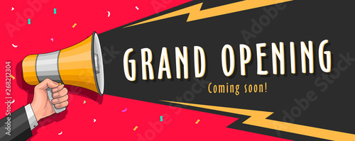 Grand opening banner with megaphone illusraion and typography
