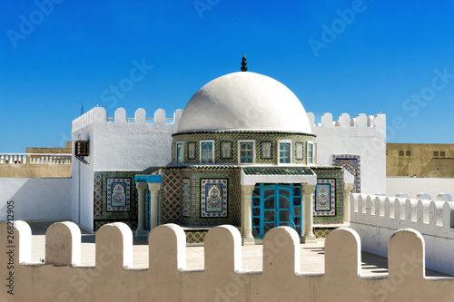 Terrace with colorful mosaics in Kairouan, Tunisia.