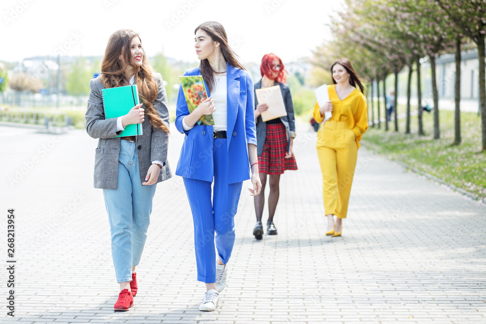 Obraz premium Beautiful girls go and communicate with each other. Concept of lifestyle, friendship, students