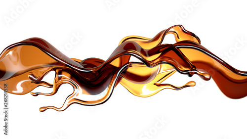Splash of transparent brown liquid on a white background. 3d illustration, 3d rendering.