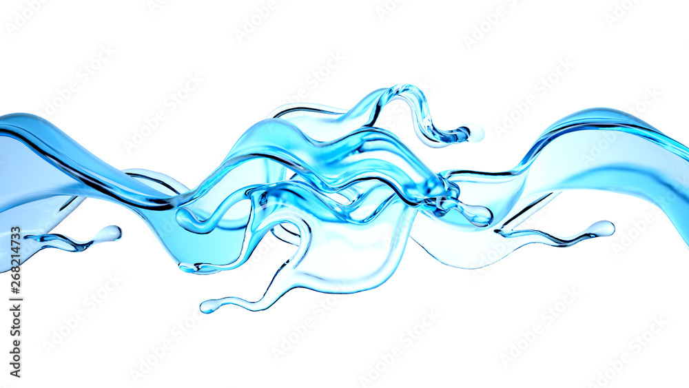 Splash of blue transparent liquid on a white background. 3d illustration, 3d rendering. Splash of blue transparent liquid on a white background. 3d illustration, 3d rendering.