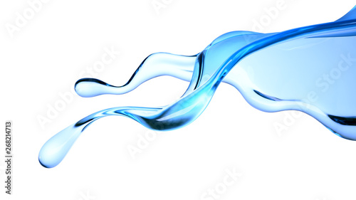 Splash of blue transparent liquid on a white background. 3d illustration  3d rendering.