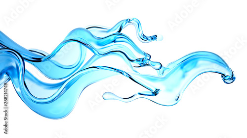 Splash of blue transparent liquid on a white background. 3d illustration, 3d rendering.