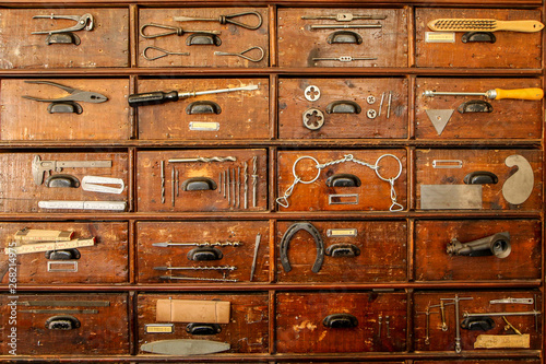 A detail of an old cupboard with drawers, part of the old vintage ironmongery. 