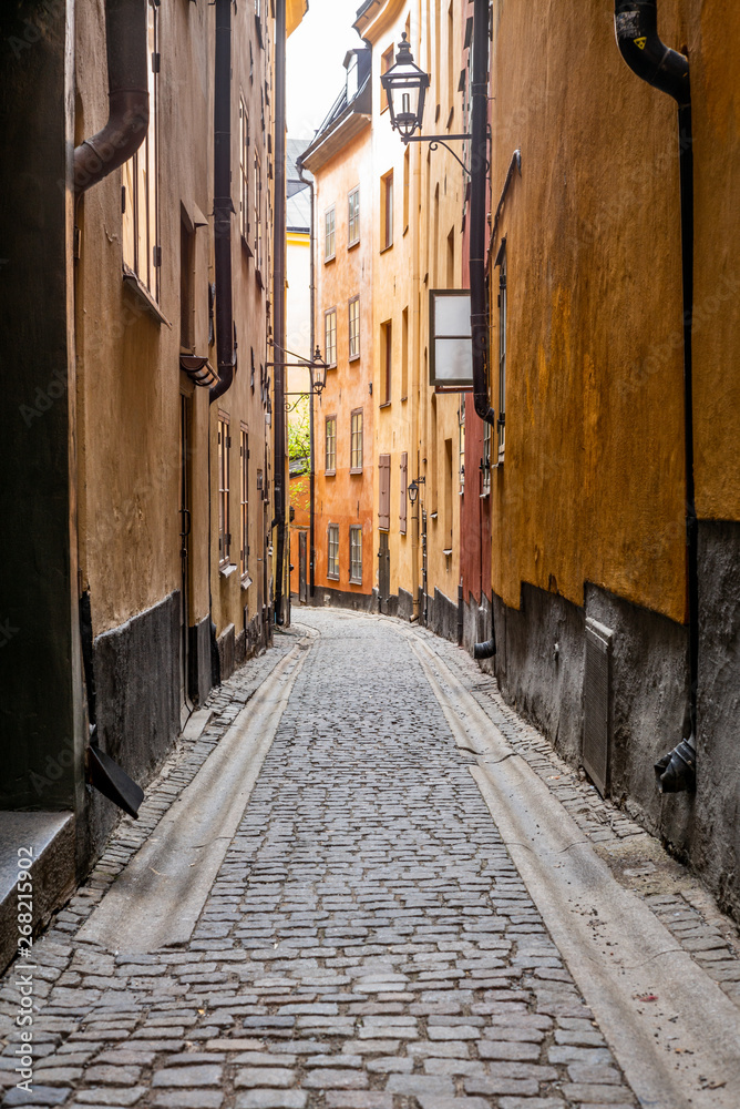 Fototapeta premium The narrow cobbled streets of Stockholm in Spring